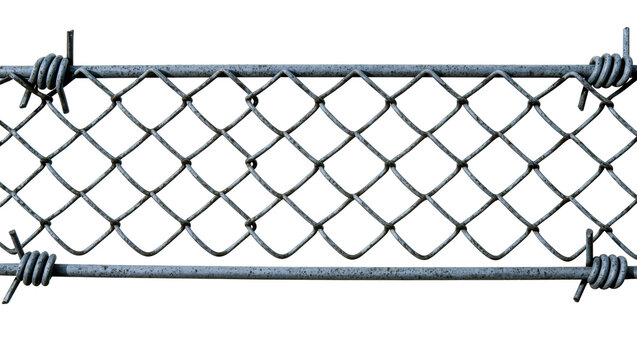 Galvanized steel chain link fence with barbed wire, isolated on transparent background