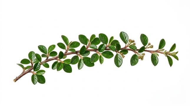 Fresh twig of cotoneaster with small glossy green leaves, isolated on a pure white background, soft diffused shadow, botanical photography, close up detail