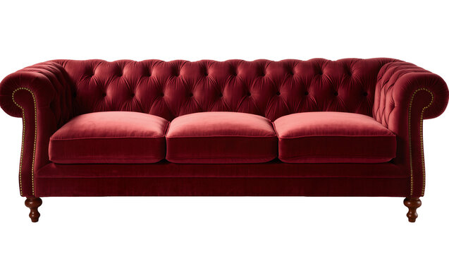 Deep red velvet Chesterfield sofa with tufted back, isolated on transparent background