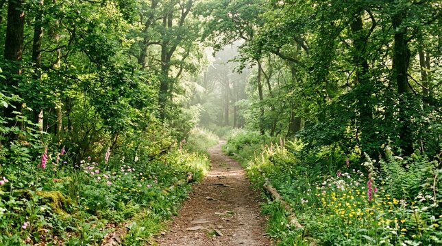 Narrow dirt trail winding through lush summer forest with tall green oak trees, pink wildflowers, and soft misty morning light on woodland path