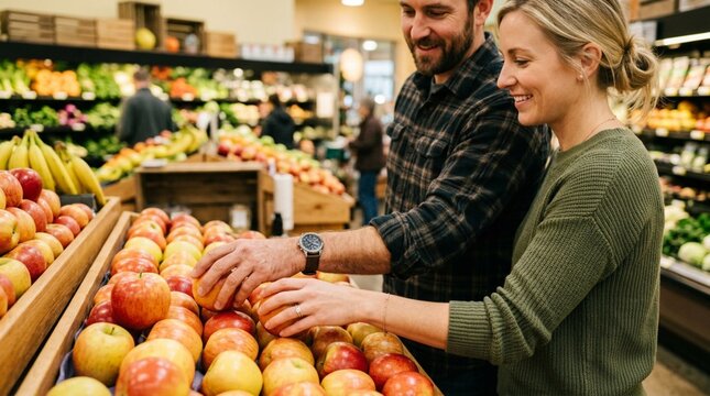 Couple selecting fresh apples and bananas together in vibrant grocery store produce aisle, hands reaching for ripe fruit, warm ambient lighting, lifestyle shopping moment