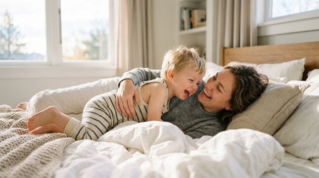 Joyful mother and toddler son laughing together while lying on a sunlit bed in a cozy bedroom, sharing warm affectionate morning moments