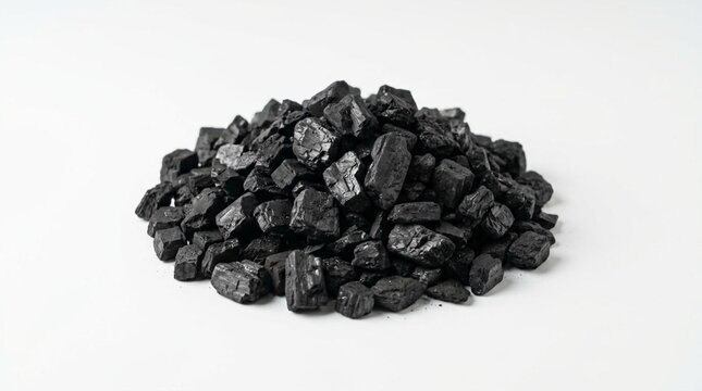 Neat pile of matte black coal chips centered on seamless white background, featuring fine dust particles and varied angular sharp fragments for industrial use