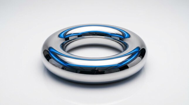 Polished chrome metallic torus ring with glossy blue reflections resting on a seamless white studio backdrop, sleek 3D rendered futuristic donut shape, minimalist modern product photography style