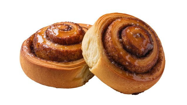 Two sweet cinnamon rolls with glaze and sugar, isolated on transparent background