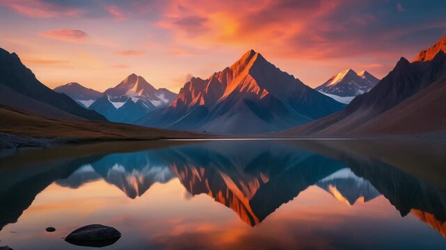 Majestic Mountain Lake Reflection at Sunset, Fiery Sky and Snow-Capped Peaks