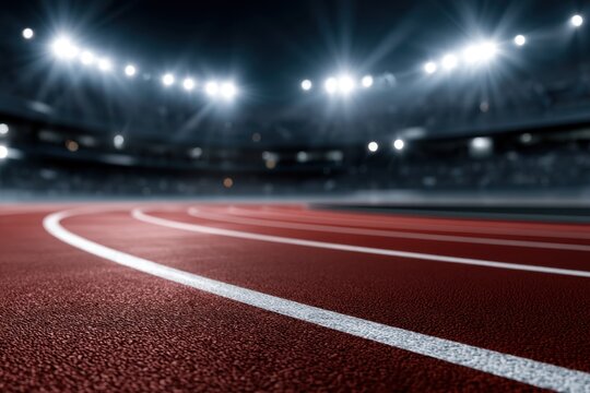 Nighttime view of an illuminated empty running track curving into the distance inside a stadium with bright floodlights lighting the scene