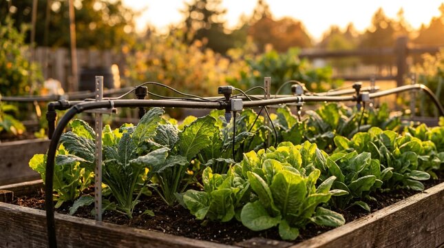 Close-up of automated raised garden bed with leafy greens growing under sensor irrigation system during golden hour sunset