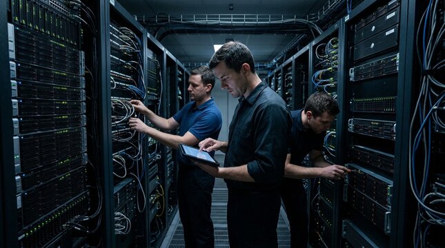 Three IT technicians working in a dimly lit server room, one tapping a black tablet while checking cables between rows of blinking rack servers and networking equipment