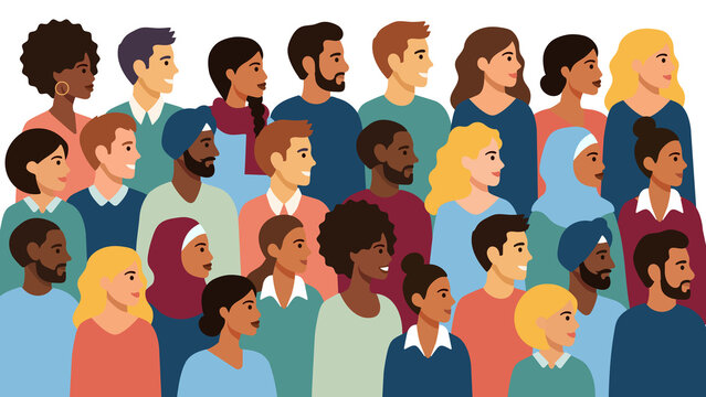 Diverse crowd of multiethnic people portraits, multicultural group of men and women looking in profile, vector illustration concept for inclusion, equality, and community representation.