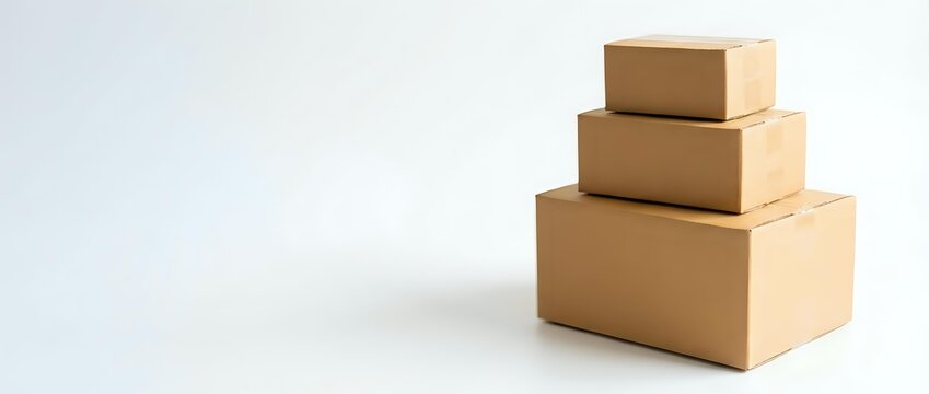 Stacked cardboard shipping boxes in ascending size order on white