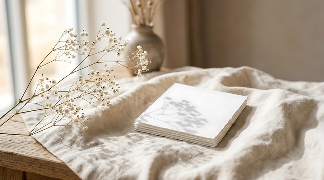 Minimalist stack of white paper with floral shadow on linen