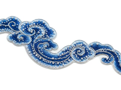 Blue and silver ornamental swirl trim with beaded embellishment