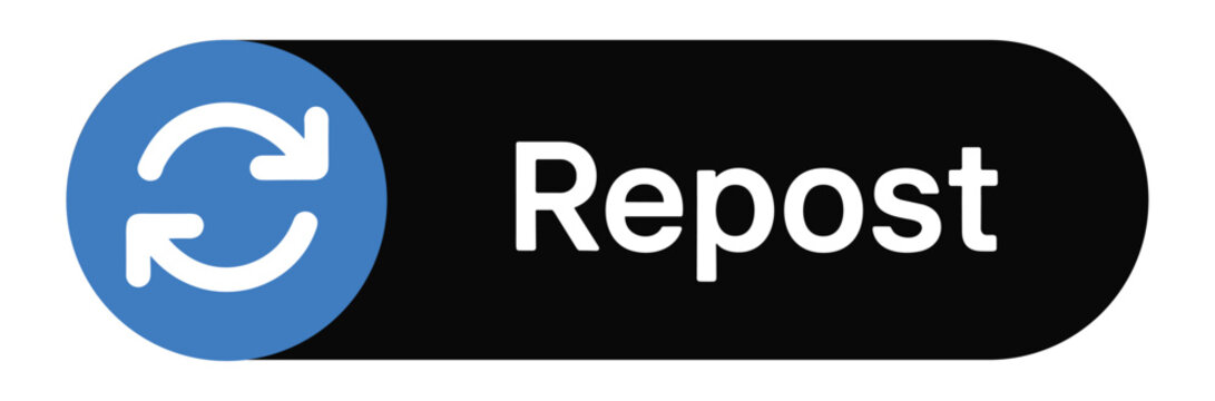 Repost Icon: A clear, modern icon representing the action of reposting content, featuring a circular arrow symbol alongside the word Repost on a dark background.