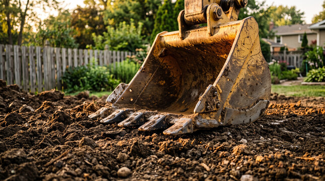 Heavy excavator bucket digging into brown soil at construction site provides powerful industrial equipment perspective for residential development and earthworks.