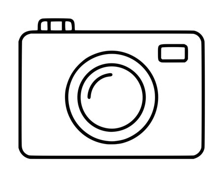 Minimalist digital camera vector icon featuring a clean black outline of a point and shoot device with a central lens and shutter button, perfect for photography and media related design projects and