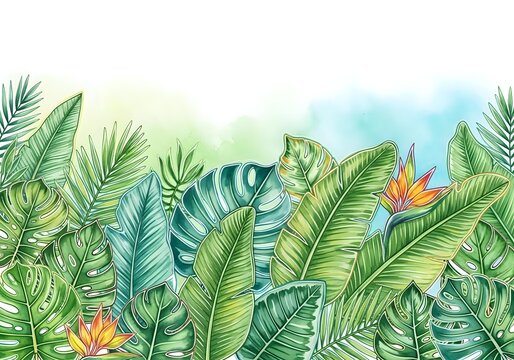 Lush tropical foliage with vibrant bird of paradise flowers