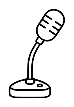 Professional gooseneck desk microphone vector icon for conference calls, legal depositions, and public speaking events. Minimalist black line art illustration of a communication device on a base.