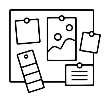 Minimalist mood board vector icon featuring a creative vision board with pinned notes, a landscape photo, and a color swatch palette, perfect for design inspiration and project planning illustration.