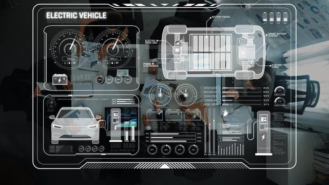 This image showcases an advanced digital dashboard of an electric vehicle, highlighting critical metrics like speed, battery status, and energy efficiency. Raster