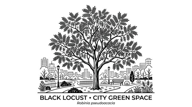 Very beautiful black and white vector of a Black Locust Tree, Robinia pseudoacacia, growing in an urban green space with airy foliage and graceful branches, BLACK LOCUST &bull; CITY GREEN SPACE, isolated o