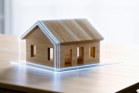Wooden miniature house model with glowing architectural outline on a light wood surface symbolizing smart home design and modern construction technology concept