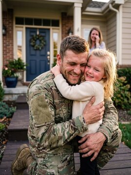 smiling military father kneeling and hugging his happy young daughter outside family home with smiling mother in background during reunion