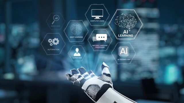 A sleek robotic hand interacts with digital displays showcasing concepts like AI learning, automation, and deep learning, highlighting technological advancement in a modern workspace. Synapse