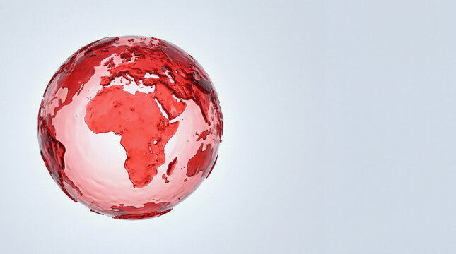 3D render of red liquid globe representing blood donation and global health on white background