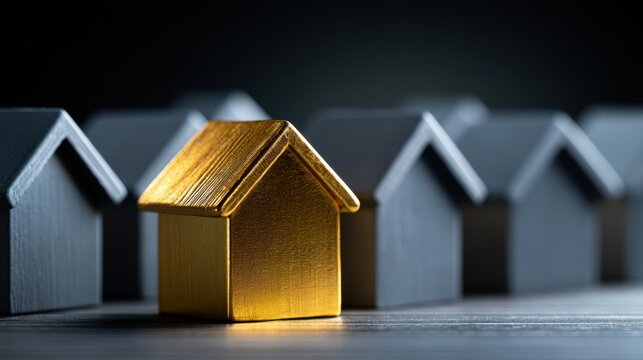 Conceptual image of a golden house model standing out among gray house models representing unique real estate investment or property value differentiation strat