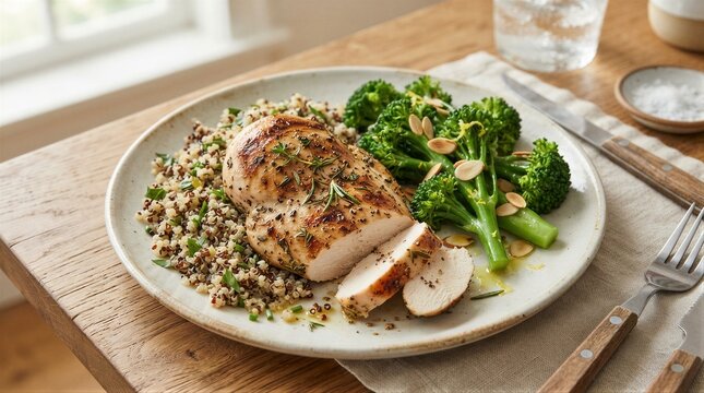 Sliced roasted chicken breast with quinoa and broccolini on wooden table
