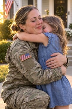 american military mother in camouflage uniform hugging her young daughter outside family home at sunset during emotional reunion