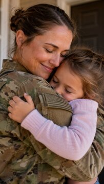 Close-up of a female soldier in camouflage uniform gently hugging her young daughter, both with eyes closed during an emotional family reunion outside a home