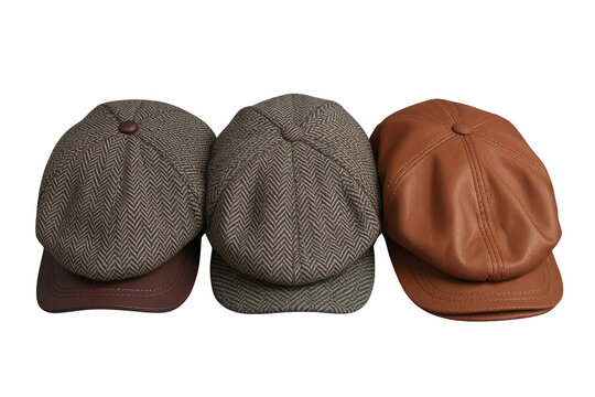 Three classic flat caps in brown neutral tones