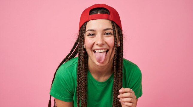Playful young woman with long braided hair, green t-shirt and red backwards baseball cap sticking out tongue, smiling joyfully on vibrant pink studio background, fun lifestyle portrait