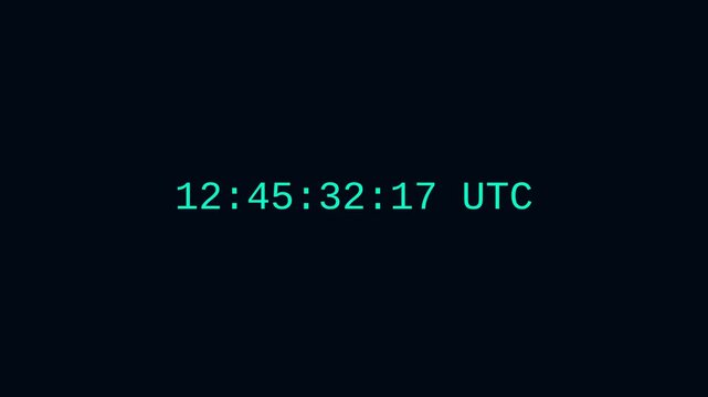 Motion video of digital clock displaying time 12453217 UTC in real-time.