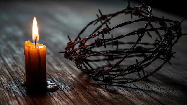 Lit candle next to a crown of barbed wire