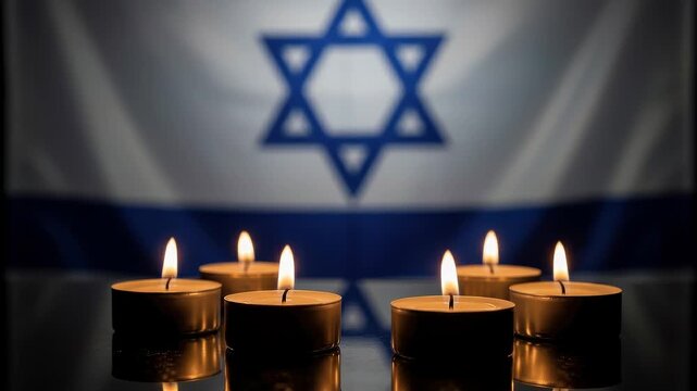 Memorial candles in front of the israeli flag