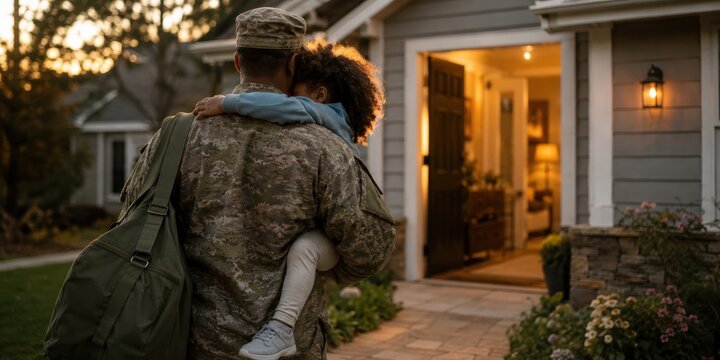 returning military father carrying his young daughter and duffel bag toward family home at sunset after deployment