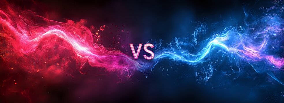 Red and blue electric energy waves colliding with versus symbol