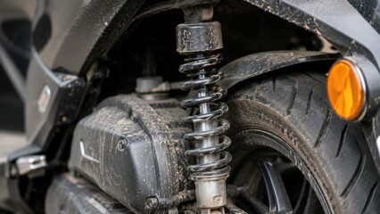 Fototapeta premium Close Up of Dirty Scooter Rear Shock Absorber Suspension Spring and Wheel After Road Riding