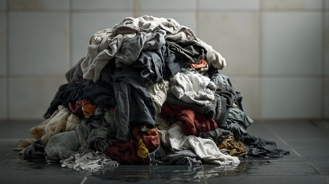 Pile of dirty laundry on bathroom tiles
