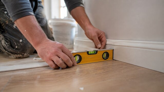 Close Up of Worker Using Spirit Level While Installing Baseboard During Home Renovation