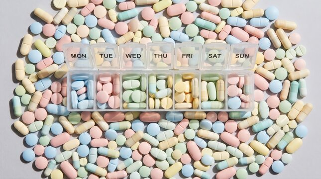 Pastel medications are neatly organized in a weekly pill dispenser, surrounded by scattered pills. This image signifies consistent pharmaceutical adherence and proactive personal health management.