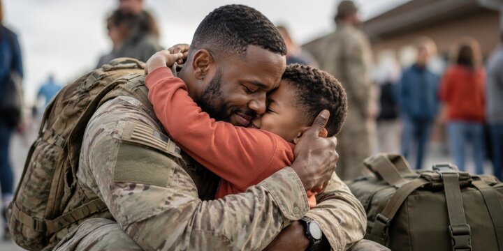 Military father in camouflage uniform hugging his young son during an emotional homecoming reunion on a military base after deployment