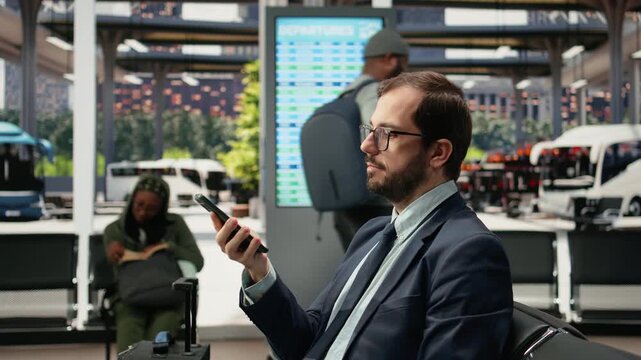 Businessman uses a smartphone in a bus terminal to send voice notes during a work trip, recording an audio message on his mobile phone during business travel.
