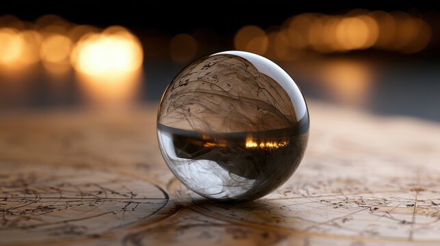 Transparent crystal ball resting on an antique nautical map with soft warm light reflections creating an atmospheric and mysterious ambiance