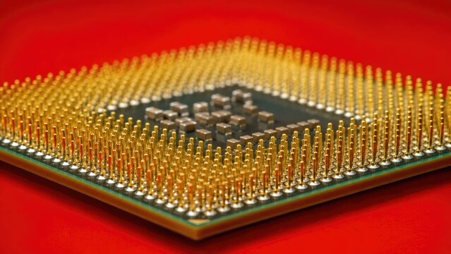 Macro Close Up of Computer Processor CPU with Gold Contact Pins