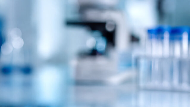blurred laboratory interior with test tube rack and microscope on table. Medical science research background. Biotechnology and healthcare concept for presentation