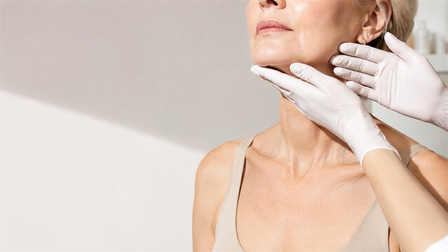 mature woman receiving facial skin examination by cosmetologist. Dermatologist hands in glove touching chin and neck checking elasticity. Anti aging treatment and facelift consultation concept